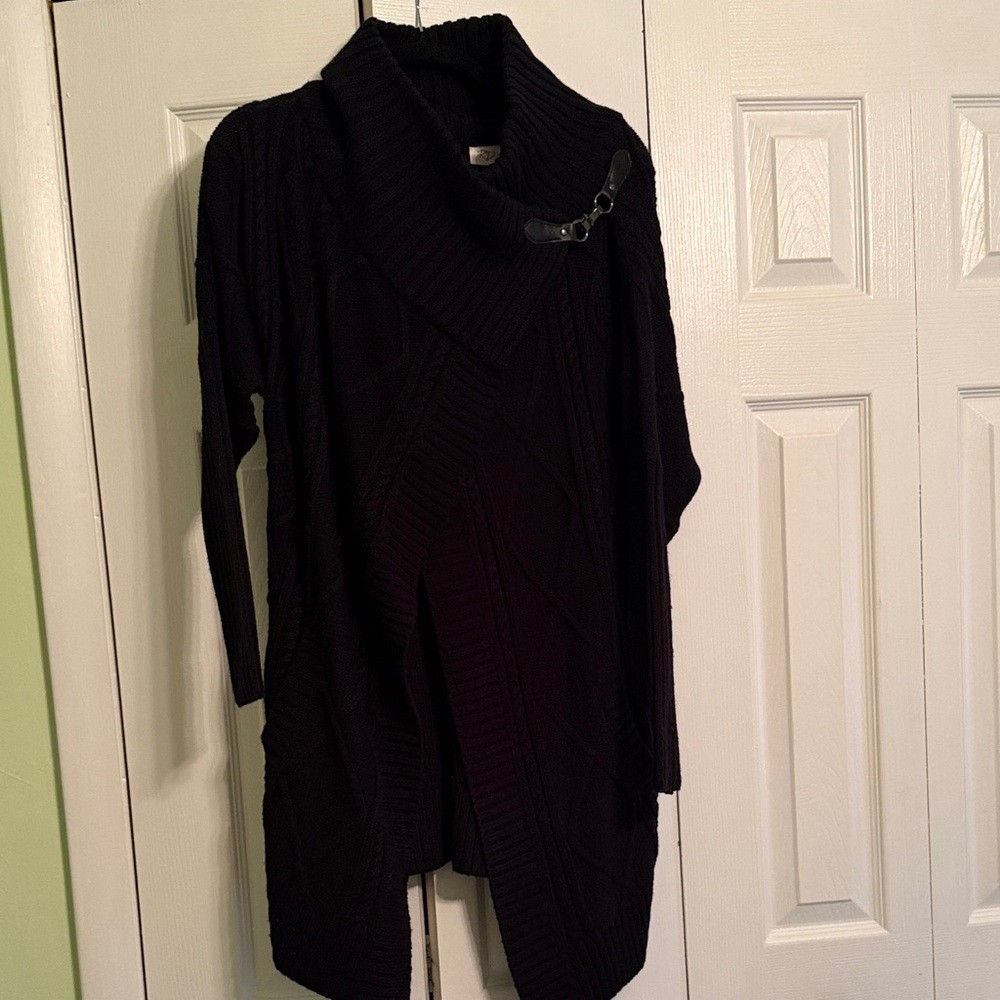 RD Style Black Cable Knit Funnel-Style Sweater Cardigan